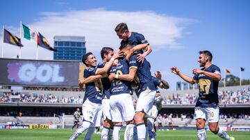 Ali Avila celebrates his goal of Pumas during the 6th round match between Pumas UNAM and Puebla as part of the Torneo Clausura 2024 Liga BBVA MX at Olimpico Universitario Stadium on February 11, 2024 in Mexico City, Mexico.