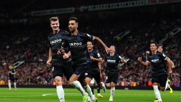 Real Sociedad's Brais Mendez (centre) celebrates scoring their side's first goal of the game during the UEFA Europa League Group E match at Old Trafford, Manchester. Picture date: Thursday September 8, 2022. (Photo by Martin Rickett/PA Images via Getty Images)