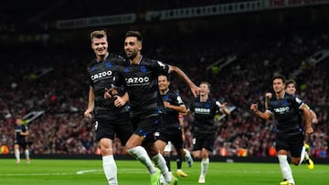 Real Sociedad's Brais Mendez (centre) celebrates scoring their side's first goal of the game during the UEFA Europa League Group E match at Old Trafford, Manchester. Picture date: Thursday September 8, 2022. (Photo by Martin Rickett/PA Images via Getty Images)