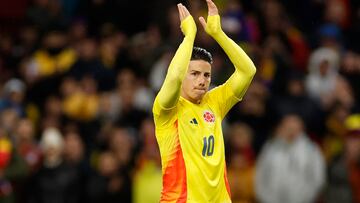 Colombia's midfielder #10 James Rodriguez claps during the international friendly football match between Romania and Colombia at the Metropolitano stadium in Madrid on March 26, 2024. (Photo by OSCAR DEL POZO / AFP)