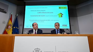 El ministro de Cultura y Deporte, Miquel Iceta, en la presentación de los presupuestos destinados a Cultura y Deporte para 2023 junto al presidente del Consejo Superior de Deportes, José Manuel Franco, en Madrid.