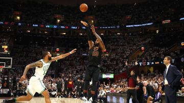 CLEVELAND, OH - MAY 25: LeBron James of the Cleveland Cavaliers shoots against Marcus Morris of the Boston Celtics in the second quarter as head coach Brad Stevens of the Boston Celtics looks on during Game Six of the 2018 NBA Eastern Conference Finals at Quicken Loans Arena on May 25, 2018 in Cleveland, Ohio. NOTE TO USER: User expressly acknowledges and agrees that, by downloading and or using this photograph, User is consenting to the terms and conditions of the Getty Images License Agreement.   Gregory Shamus/Getty Images/AFP
 == FOR NEWSPAPERS, INTERNET, TELCOS &amp; TELEVISION USE ONLY ==