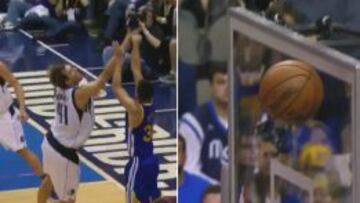 Stephen Curry lanza ante Nowitzki desde la esquina para acabar anotando un triple a tabalero. ¡Impresionante!