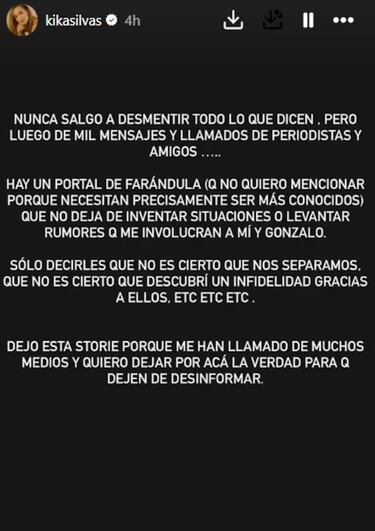 “Sólo decirles que no es cierto que nos separamos y que descubrí una infidelidad gracias a ellos”