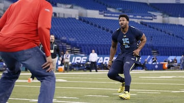 INDIANAPOLIS, IN - MARCH 05: Defensive lineman Myles Garrett of Texas A&amp;M participates in a drill during day five of the NFL Combine at Lucas Oil Stadium on March 5, 2017 in Indianapolis, Indiana.   Joe Robbins/Getty Images/AFP
 == FOR NEWSPAPERS, INTERNET, TELCOS &amp; TELEVISION USE ONLY ==