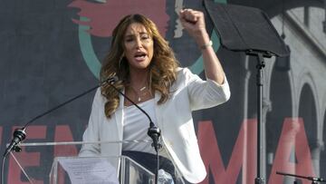 FILE - In this Jan. 18, 2020, file photo, Caitlyn Jenner speaks at the 4th Women's March in Los Angeles. In her four days as a candidate for California governor, Jenner had a twitter spat with a Democratic congressman, unveiled a website to sell campaign coffee mugs and swag and was photographed with a startup business owner. (AP Photo/Damian Dovarganes, File)
