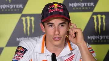 Repsol Honda Team's Spanish rider Marc Marquez speaks during a press conference at the Catalunya racetrack in Montmelo, near Barcelona, on June 8, 2017, on eve of the Catalunya Moto GP Grand Prix training sessions. / AFP PHOTO / Josep LAGO