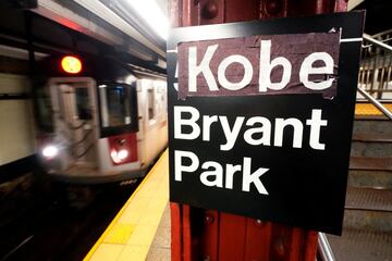 A New York City subway sign that has has been changed to read "Kobe Bryant Park" in reference to the deceased NBA player is pictured in the Manhattan borough of New York City, New York, U.S., January 27, 2020.