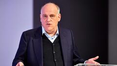 The president of the Spanish football league 'La Liga', Javier Tebas, speaks as he takes part in the forum �Defense of the European Football Ecosystem�, organized by La Vanguardia journal, on March 16, 2023 in Barcelona. (Photo by Pau BARRENA / AFP)