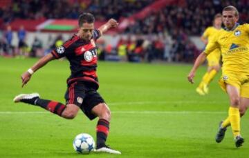 Los rostros de Javier Chicharito Hernández tras marcar su primer gol con el Bayer Leverkusen en Champions