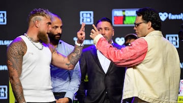 May 14, 2025; Los Angeles, California, USA; Jake Paul and Julio Cesar Chavez Jr. pose for photos in anticipation of their fight at Avalon Hollywood Theater. Mandatory Credit: Gary A. Vasquez-Imagn Images TPX IMAGES OF THE DAY