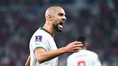 Sofyan AMRABAT of Morocco reacts during the FIFA World Cup 2022, Group F match between Canada and Morocco at Al Thumama Stadium on December 1, 2022 in Doha, Qatar. (Photo by Anthony Dibon/Icon Sport via Getty Images)