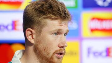 MANCHESTER, ENGLAND - MAY 03: Kevin De Bruyne of Manchester City looks on during a press conference at Manchester City Football Academy on May 03, 2022 in Manchester, England. Manchester City will play their UEFA Champions League Semi Final second leg match against Real Madrid on May 04, 2022 in Madrid, Spain. (Photo by Charlotte Tattersall/Getty Images)