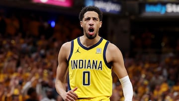 INDIANAPOLIS, INDIANA - JUNE 11: Tyrese Haliburton #0 of the Indiana Pacers reacts during the fourth quarter against the Oklahoma City Thunder in Game Three of the 2025 NBA Finals at Gainbridge Fieldhouse on June 11, 2025 in Indianapolis, Indiana. NOTE TO USER: User expressly acknowledges and agrees that, by downloading and or using this photograph, User is consenting to the terms and conditions of the Getty Images License Agreement. Maddie Meyer/Getty Images/AFP (Photo by Maddie Meyer / GETTY IMAGES NORTH AMERICA / Getty Images via AFP)