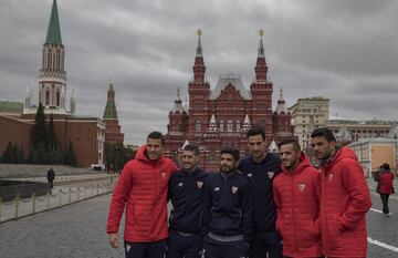 Sevilla players pose on Moscow's Red Square in front of the State Historical Museum.