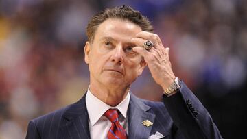 FILE PHOTO: Louisville Cardinals head coach Rick Pitino reacts against the Michigan Wolverines during the second half in the second round of the 2017 NCAA Tournament in Indianapolis, Indiana, U.S., March 19, 2017. Mandatory Credit: Thomas Joseph-USA TODAY Sports/File Photo