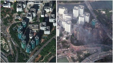 Combinación de las imágenes satelitales del complejo de viviendas Wang Fuk Court.