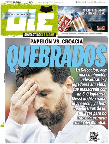 Las portadas en Argentina tras la debacle ante Croacia