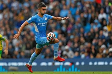 Manchester City's Spanish midfielder Ferran Torres controls the ball during the English Premier League football match between Manchester City and Norwich City at the Etihad Stadium.