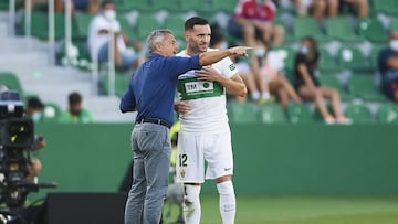 ELCHE, SPAIN - SEPTEMBER 18: Lucas Perez and Fran Escriba talks during the La Liga Santander match between Elche CF and Levante UD at Estadio Manuel Martinez Valero on September 18, 2021 in Elche, Spain. (Photo by Aitor Alcalde/Getty Images)