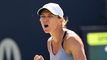 Aug 13, 2022; Toronto, ON, Canada; Simona Halep (ROU) reacts after defeating Jessica Pegula (USA) (not pictured) at Sobeys Stadium. Mandatory Credit: Dan Hamilton-USA TODAY Sports