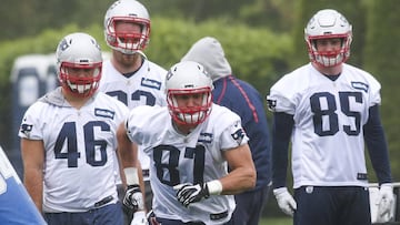 (Foxborough, MA 5/25/17) New England Patriots tight end Rob Gronkowski (87) hits the field during practice at Gillette Stadium in Foxborough on Thursday, May 25, 2017. Staff photo by Nicolaus Czarnecki