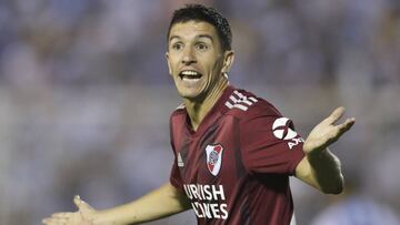 River Plate&#039;s Ignacio Fernandez gestures during an Argentina&#039;s soccer league match against Atletico Tucuman at the Jose Fierro stadium in Tucuman, Argentina, Saturday, March 7, 2020. (AP Photo/Nicolas Aguilera)