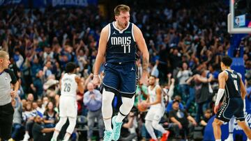 Dallas Mavericks guard Luka Doncic (77) reacts after hitting a go ahead 3-pointer late in the fourth quarter against the Brooklyn Nets at American Airlines Center.