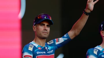 Soudal Quick-Step's Spanish rider Mikel Landa waves on stage during the opening ceremony and team presentation in Tirana, on May 7, 2025, two days before the departure of the Giro d'Italia 2025 cycling race. The Giro d'Italia 2025 cycling race will depart from Durres, Albania on May 9, and finish in Rome on June 1. (Photo by Luca Bettini / AFP)