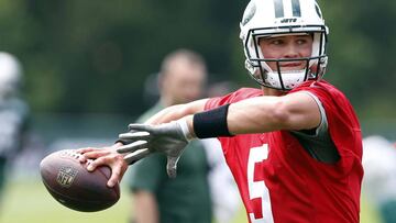 Jul 29, 2017; Florham Park, NJ, USA; New York Jets quarterback Christian Hackenberg (5) attempts to pass during New York Jets training camp at Atlantic Health Jets Training Center. Mandatory Credit: Noah K. Murray-USA TODAY Sports