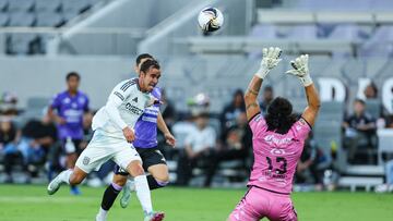 Aug 5, 2025; San Diego, CA, USA; San Diego FC forward Tomas Angel (9) misses a shot over Mazatlan FC goalkeeper Victor Alcaraz (13) during the first half at Snapdragon Stadium. Mandatory Credit: Chadd Cady-Imagn Images