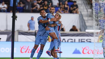 Aug 13, 2024; Harrison, New Jersey, USA; New York City FC midfielder Maxi Moralez (27) celebrates his goal with teammates against Tigres UANL during the first half at Red Bull Arena. Mandatory Credit: Vincent Carchietta-USA TODAY Sports