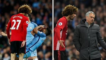 Marouane Fellaini le dio un cabezazo a Sergio Ag&uuml;ero y fue expulsado.