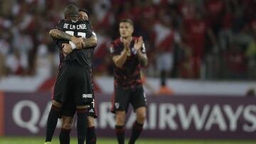 Diego De La Cruz of Argentina&#039;s River Plate celebrates with teammates after scoring against Brazil&#039;s Internacional, during a Copa Libertadores soccer match against Brazil&#039;s Internacional, in Porto Alegre, Brazil, Wednesday, April 3, 2019. (