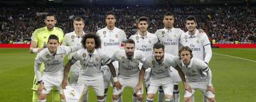 Once inicial del Real Madrid ante el Sevilla: Casilla, Kroos, Varane, Asensio, Casemiro, Morata; James, Marcelo, Carvajal, Nacho y Modric.