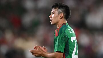 Mexico's forward Hirving Lozano gestures during the international friendly football match between Mexico and Peru at the Rose Bowl in Pasadena, California, on September 24, 2022. (Photo by Robyn Beck / AFP)