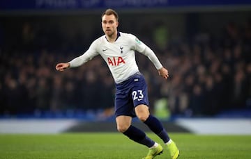 Christian Eriksen of Tottenham Hotspur during the Carabao Cup Semi-Final Second Leg match between Chelsea and Tottenham Hotspur at Stamford Bridge on January 24, 2019 in London, England.