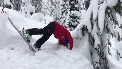 Un esquiador cayendo en un tree well (agujero alrededor de un &aacute;rbol) en WhiteWater Ski Resort. 