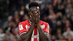 Athletic Bilbao's Spanish forward #09 Inaki Williams reacts to missing a goal opportunity during the Spanish league football match between Athletic Club Bilbao and Granada FC at the San Mames stadium in Bilbao on April 19, 2024. (Photo by ANDER GILLENEA / AFP)