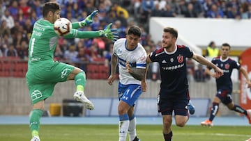 Futbol, Universidad de Chile vs Universidad Católica.
Quinta fecha, segunda vuelta Campeonato 2019.
El jugador de Universidad de Chile. Angelo Henriquez, marca gol, durante el partido de primera division realizado en el estadio Nacional de Sant
