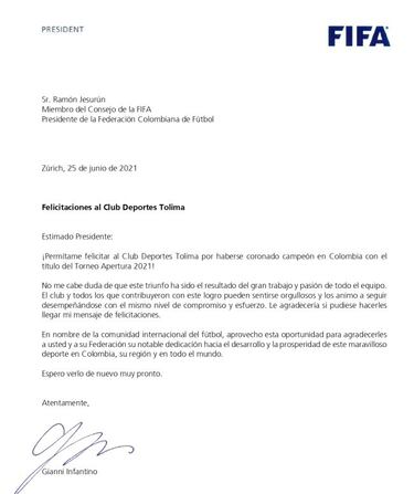 La FIFA felicita al Deportes Tolima por el título de Liga BetPlay
