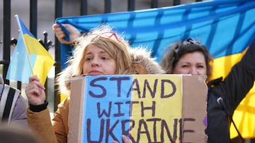 Crowds gather outside Leinster House, Dublin, as President Zelensky of Ukraine addresses the Oireachtas. Picture date: Wednesday April 6, 2022. (Photo by Brian Lawless/PA Images via Getty Images)