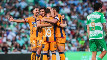    Sebastien Salles-Lamonge celebrates his goal 0-3 of San Luisduring the 17th round match between Santos and Atletico San Luis as part of the Torneo Clausura 2024 Liga BBVA MX at TSM -Corona- Stadium on April 28, 2024 in Torreon, Coahuila, Mexico.