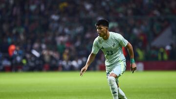 Jesus Gallardo of Mexico during the Quarterfinals second leg match between Mexican National Team (Mexico) and Honduras as part of the Concacaf Nations League 2024-2025 at Nemesio Diez Stadium on November 19, 2024 in Toluca, Estado de Mexico, Mexico.