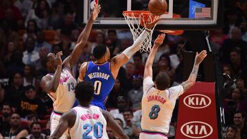 Apr 9, 2018; Miami, FL, USA; Oklahoma City Thunder guard Russell Westbrook (0) shoots the ball against the Miami Heat during the second half at American Airlines Arena. Mandatory Credit: Jasen Vinlove-USA TODAY Sports