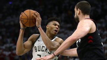 MILWAUKEE, WISCONSIN - MAY 15: Giannis Antetokounmpo #34 of the Milwaukee Bucks dribbles the ball while being guarded by Marc Gasol #33 of the Toronto Raptors in the fourth quarter in Game One of the Eastern Conference Finals of the 2019 NBA Playoffs at the Fiserv Forum on May 15, 2019 in Milwaukee, Wisconsin. NOTE TO USER: User expressly acknowledges and agrees that, by downloading and or using this photograph, User is consenting to the terms and conditions of the Getty Images License Agreement.   Jonathan Daniel/Getty Images/AFP
 == FOR NEWSPAPERS, INTERNET, TELCOS &amp; TELEVISION USE ONLY ==