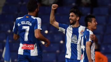 Wu Lei, Didac Vila y Borja Iglesias celebran un gol del Espanyol.