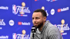 SAN FRANCISCO, CA - JUNE 7: Stephen Curry #30 of the Golden State Warriors speaks to the media during practice and media availability as part of the 2022 NBA Finals on June 7, 2022 at TD Garden in Boston, Massachusetts. NOTE TO USER: User expressly acknowledges and agrees that, by downloading and or using this photograph, User is consenting to the terms and conditions of the Getty Images License Agreement. Mandatory Copyright Notice: Copyright 2022 NBAE (Photo by David Dow/NBAE via Getty Images)