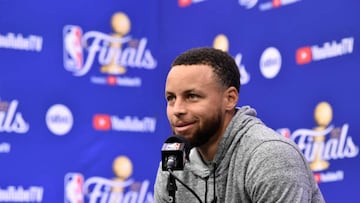 SAN FRANCISCO, CA - JUNE 7: Stephen Curry #30 of the Golden State Warriors speaks to the media during practice and media availability as part of the 2022 NBA Finals on June 7, 2022 at TD Garden in Boston, Massachusetts. NOTE TO USER: User expressly acknowledges and agrees that, by downloading and or using this photograph, User is consenting to the terms and conditions of the Getty Images License Agreement. Mandatory Copyright Notice: Copyright 2022 NBAE (Photo by David Dow/NBAE via Getty Images)