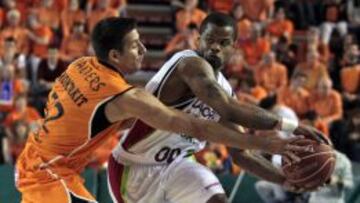 Kristaps Valters, del Fuenlabrada, presiona a Omar Cook, base del Baskonia, ahora denomiado Laboral Kutxa.